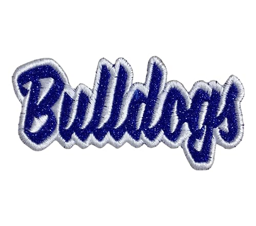 Bulldogs Mascot, Team Name, Embroidered, Iron on Patch (Royal Blue Glitter/White Outline)