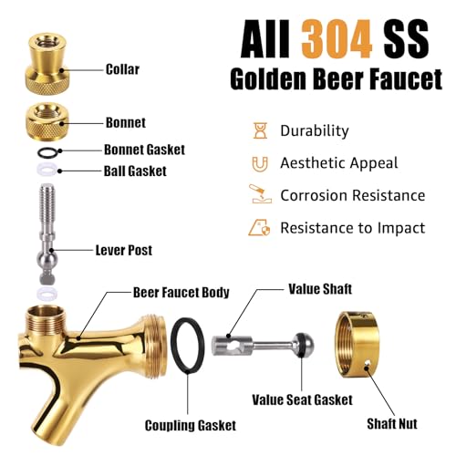 image for Hilangsan Golden Beer Faucet Keg Tap Faucet, All 304 Stainless Steel D