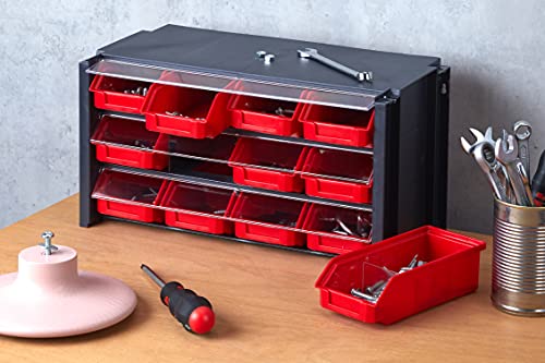 Tayg - Estante con clasificador apilable plástico 12 cajones, Color Negro/Rojo, Talla Única