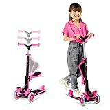 Kids Scooter – Foldable Seat – LED Wheel Lights Illuminate When Rolling – Children and Toddler 3 Wheel Kick Scooter – Adjustable Handlebar – Indoor and Outdoor- Pink - by Lifemaster