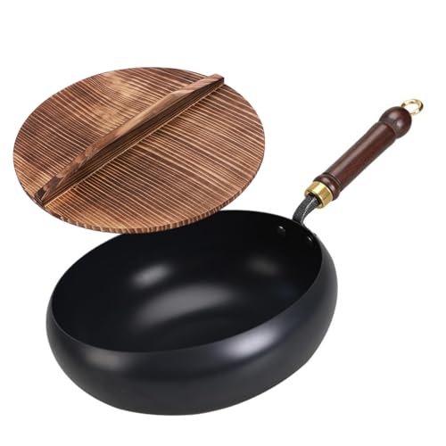 中華鍋 24cm/26cm/28cm 木蓋&ガラス蓋付属 伝統鉄鍋 手作り 化学コーティング無し 鉄分補給 軽量 錆び防止 省エネ ガス・電磁調理器対応 家庭用キャンプ用 木蓋 光面鍋 24cm
