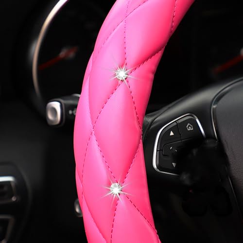 Image of YOGURTCK Cute Diamond Soft Leather Anti-Slip Steering Wheel Cover with Bling Bling Crystal Rhinestones, Universal 15 Inch for Women Girls, Fit Vehicles, Sedans, SUVs, Vans, Trucks - Hot Pink