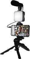 Kit de Gravação Completo com Tripé, Luz LED e Suporte para Celular – Ideal para Vlogs, Lives e Vídeos Profissionais Tripé com Luz LED e Microfone para Celular – Kit Vlogging Profissional Premium