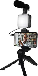 Kit de Gravação Completo com Tripé, Luz LED e Suporte para Celular – Ideal para Vlogs, Lives e Vídeos Profissionais Tripé com Luz LED e Microfone para Celular – Kit Vlogging Profissional Premium