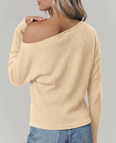 KIRUNDO Womens Off Shoulder Sweater Ribbed Long Sleeve Tops - image 4