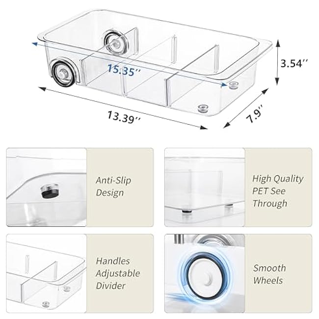 Attelite RollOut Refrigerator Drawer Organizer and Storage Clear Design with Dividers, Fridge Organizer on Wheels, Upgrade Thick Plastic Pantry Storage Bins, Kitchen Organization 2 Set