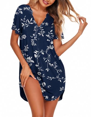 Image of Ekouaer Women V Neck Button Down Nightgown