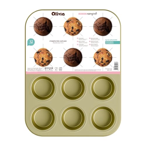 Stampo per cupcake e muffin 12 posti antiaderente – teglia 35 x 26,5 x 2,7 cm in acciaio al carbonio, sformatura facile e pulizia rapida, forno fino a 220 °C