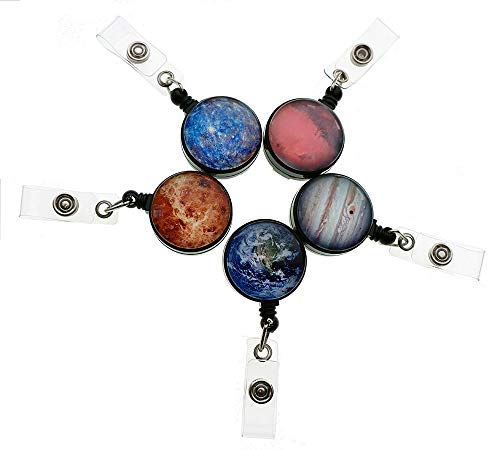 Purida Cute Badge Holder Retractable, Id Badge Reel With Belt Clip, Crystal Glass Planet Pattern Decorative, 5 Pack #TOP4