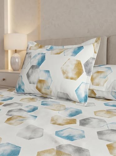 Image of DDECOR Live Beautiful 100% Cotton 145TC Geometric King Bedsheet with 2 Pillow Covers | Rotary Printed Breathable Fabric | 224 CM X 254 CM | Luxury Bedding for Home | Cresta Collection | Milky Blue