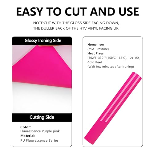 Image of FUNKAKA Fluorescent Purple Pink HTV Heat Transfer Vinyl Rolls, 12 inch x 10ft Neon Iron on Vinyl for All Cutter Machines PU Stretchy HTV Vinyl for T-Shirt Easy to Cut & Weed for Heat Transfer Design