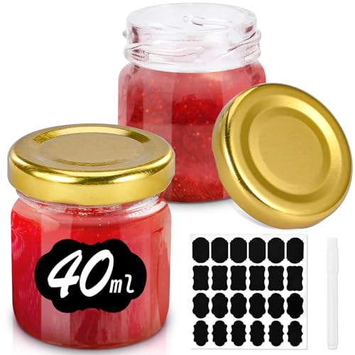 Cieex 24 tarros pequeños de 40 ml con tapa de rosca con etiquetas reutilizables y bolígrafo lavable para mermelada y miel, regalos de fiesta