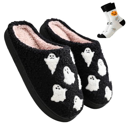 Halloween Slippers for Women, Ghost Slipper Bats Pumpkin Cookie Spider Web Fall and Winter Black Spooky House Shoes for Adult Men Indoor Outdoor, Cozy