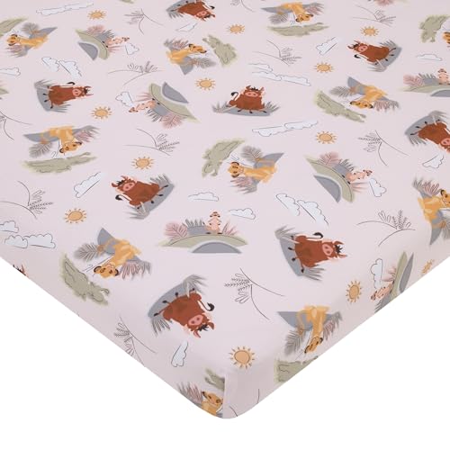 Image of Disney Lion King Ivory, Sage, Gold, and Brown, Simba, Timon, and Pumba Super Soft Nursery Fitted Mini Crib Sheet