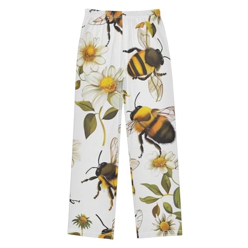Bee Daisy Flowers Boys Long Pants Soft Trousers Elastic Waist Kids Lounge Bottoms with Pockets S-XL