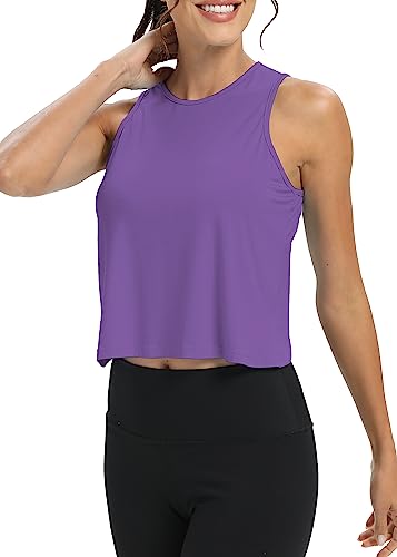 Image of Mippo Workout Tops for Women Cropped Open Back Sleeveless Tank Tops Athletic Gym Yoga Shirts Loose Fit