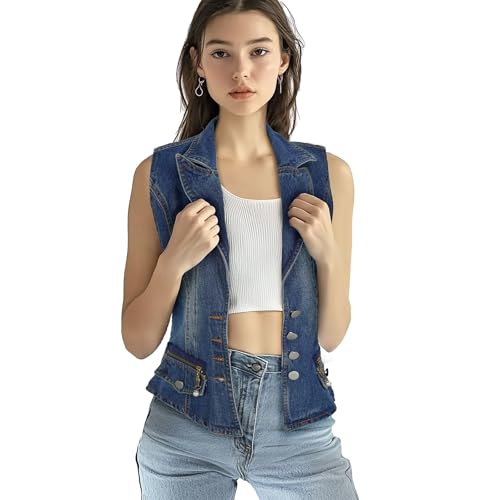 Oiefeen Women's Slim All-match Lapel Blue Denim Vest Jacket Vest2