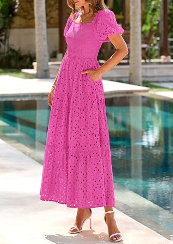 Image of PRETTYGARDEN Summer Dresses for Women 2026 Eyelet Square Neck Puff Sleeve Smocked Wedding Guest Maxi Dress with Pockets