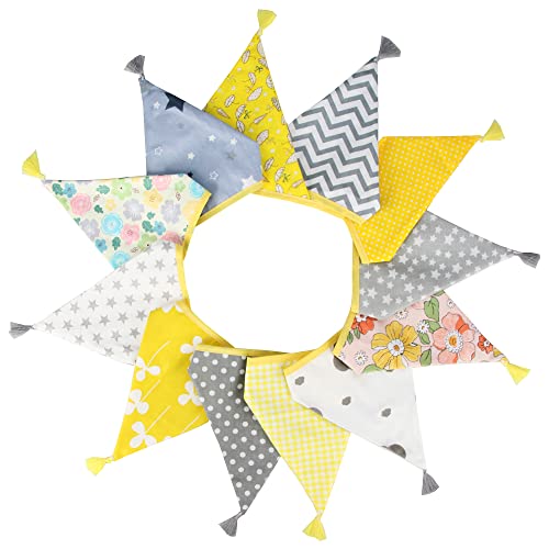 G2PLUS Fabric Bunting Banner with Tassel, 3.3M Double Sided Cotton Tassel Banner with 12 Yellow and Grey Triangle Pennants