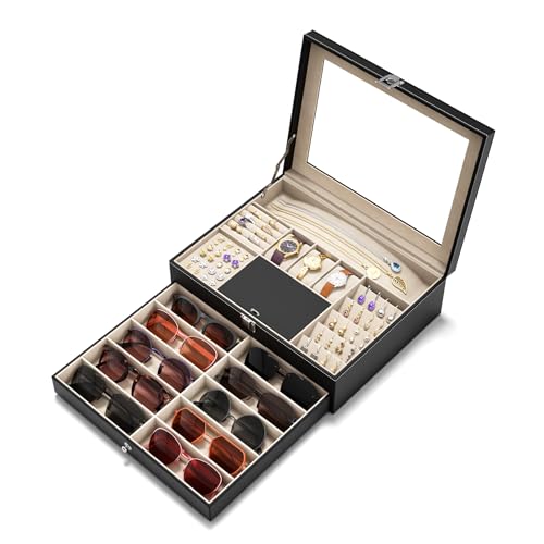Image of NEWLOOP Jewelry Sunglasses Organizer for Women - 2 Layer Storage Box with 10 Eyeglass Slots 3 Watch Holders Necklace and Earring Compartments Velvet Lined Jewelry Box Eyeglass Box Watch Box Display