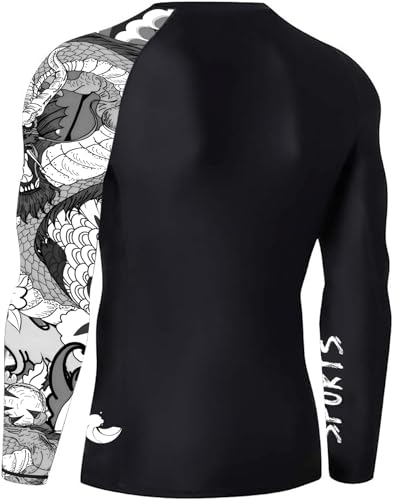 Mens Long Sleeve Rash Guard UPF 50+, Black White Dragon Men's Compression Shirt Long Sleeve Swim Shirts Rash Guard2