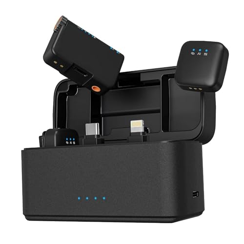 Goodir Micrófono Lavalier inalámbrico (2 TX + 1 RX + funda de carga), cancelación inteligente de ruido para grabación de video, 21 horas de uso, micrófono para iPhone, Android, cámara