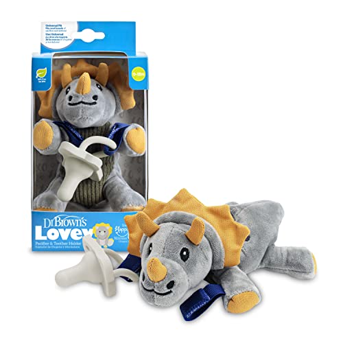 Image of Dr. Brown's Baby Lovey Pacifier & Teether Holder, Triceratops with Grey HappyPaci, 100% Silicone, 0-6m