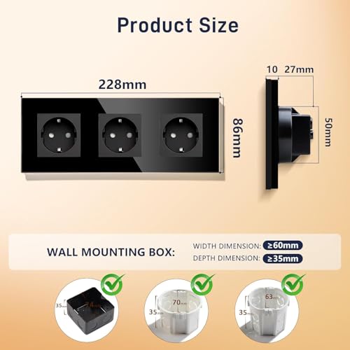 BSEED Schuko Steckdose Unterputz, 3 Fach Mehrfachsteckdose 16Amp mit PC Rahmen, Dreifach Steckdose mit Krallen, Wandsteckdose Schwarz (3 Pack)