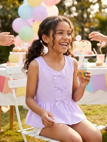 Image of Girls Sleeveless Striped Shirts Bowknot Tank Tops Cotton Peplum Babydoll Top