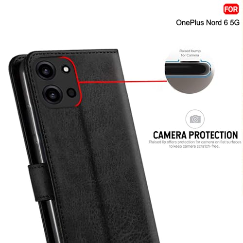 Image of TheGiftKart Genuine Leather Finish Flip Back Cover Case for OnePlus Nord 6 5G / CE 6 5G | Inbuilt Pockets & Stand | Wallet Style | Designer Button Magnet Flip Back Cover Case (Faux Leather, Black)