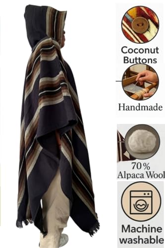 Alpaca Poncho Unisex – Handmade Andean Hooded Poncho | Traditional Alpaca Wool Blanket Cape for Men & Women, Warm & Soft3