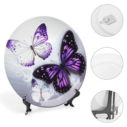 Plato decorativo de cerámica mariposas blancas y moradas 8 pulgadas miniatura 4