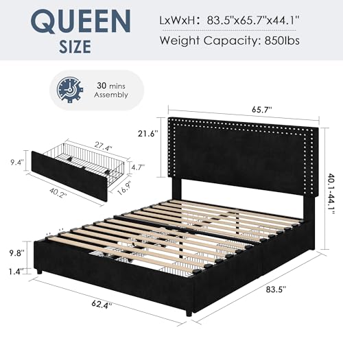 Image of VECELO Queen Size Upholstered Bed Frame with 4 Storage Drawers, Adjustable Velvet Rivet Decor Headboard, Wooden Slats Platform Support, No Box Spring Needed, Easy Assembly,Black
