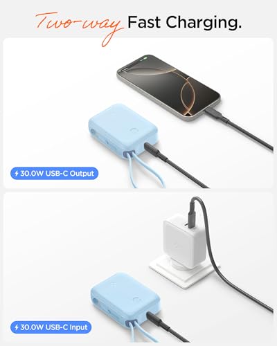 Image of Spigen ArcPack 10000mAh Power Bank with Built-in USB-C Cable,30.0W Fast Charging, 1 Type-C Cable, 1 Type-C Port, 1 USB-A Port - (ABS + PC | Cream Blue)