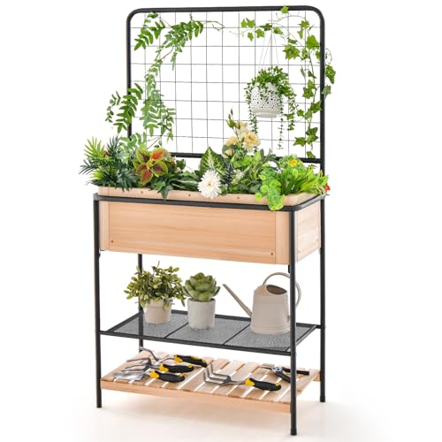 HAPPYGRILL Outdoor Raised Garden Bed, 59” Wooden Elevated Planter Box w/Open Storage Shelves, Removable Grid Divider, Drain Holes & Black Liner, Raised Garden Bed w/Legs & Trellis for Vegetables