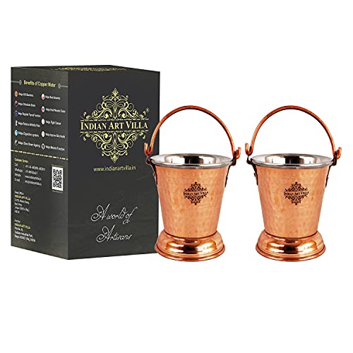 Image of Indian Art Villa Steel Copper Hammered Design Bucket, Serveware & Tableware for Home, Hotel & Restaurants, Volume-550 ML, Set of 2