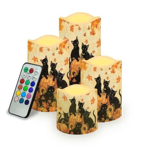 Image of Fall Maple Black Cat Flickering Flameless Candles with Remote LED Pillar Candles Battery Operated with Timer Color Changing Electric Candles for Thanksgiving Day Home Kitchen Decor