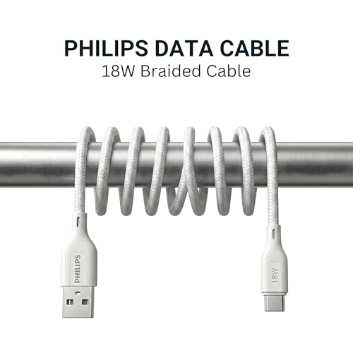Image of PHILIPS DLC4130AW /94 18W Type-A to Type-C Fast Charging Cable (1m, Bright White) | Nylon Braided | Compatible with iPhone 15+ Series, USB-C iPad Models, Samsung Galaxy & All Type C Devices