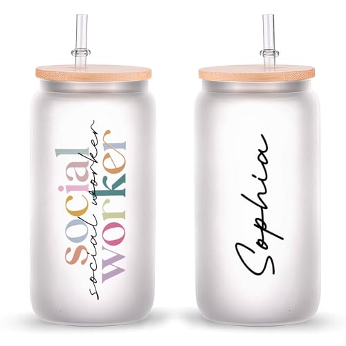 OulaArt Personalized Social Worker Can Glass 16oz With Lid and Straw, Gift For Social Worker, Custom Name Cup Gift for Social Work Professional, Floral Social Worker Appreciation Cup