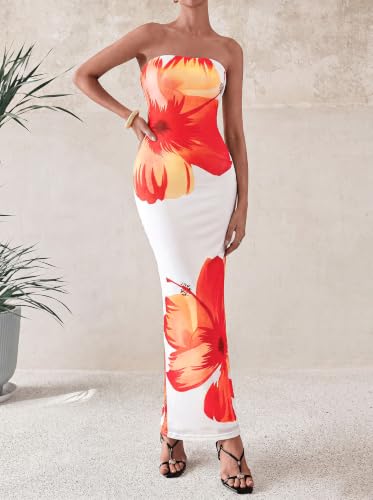 Image of PRETTYGARDEN Women Summer Strapless Maxi Dress Bodycon Floral Sexy Long Wedding Guest Dress Formal Tube Mesh Cocktail Dresses