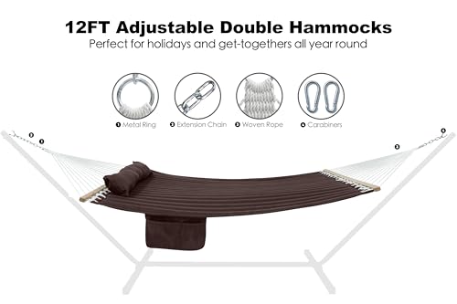 Image of GAFETE Hammock 2 Person Quilted Fabric Hammocks for Outside, Double 12ft Hammocks with Spreader Bar, Large Removable Pillow, Storage Bag, Carabiners, Max 475 lbs Capacity (Coffee)