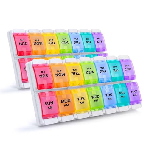 Image of Sukuos AM PM Weekly Pill Organizer 2 Times A Day 2pcs, 7 Day Pill Box with Easy Push Button, BPA Free Medicine Case Vitamin Holder for Fish Oil /Supplements (Rainbow)
