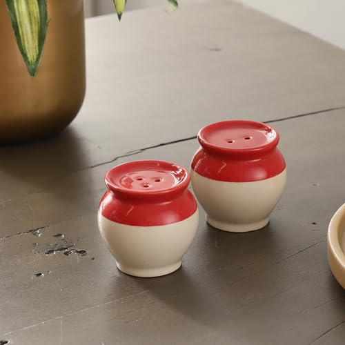 Image of VarEesha Red White Handi Ceramic Salt n Pepper Set for Dining Table Used as Namak Dhani, Shaker, Sprinkler for Home, Kitchen and Restaurant