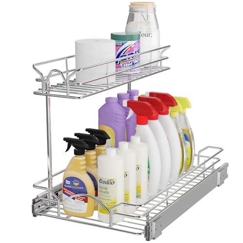 OCG Under Sink Cabinet Organizer Two Tier Pull Out Shelf (11.75W x21D), Under Sink Sliding Shelf for Kitchen Bathroom Cabinet 2 Tier Chrome