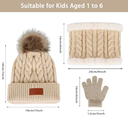 Image of Kids Hat Scarf Gloves Set, Kids Winter Beanie Hat Scarf Gloves Set with Knit Thick Warm Fleece Lined for 1-6 Years Old