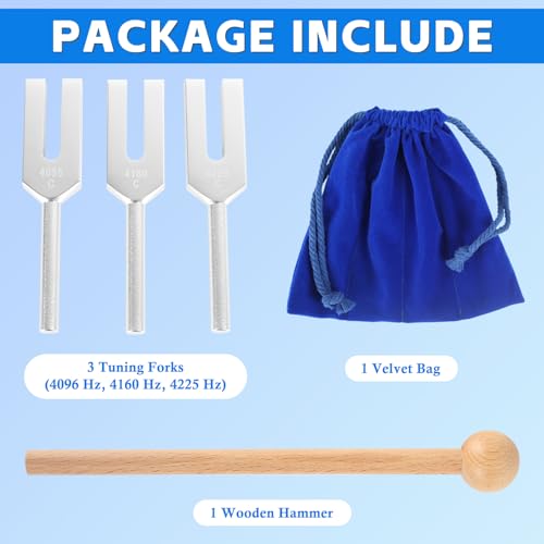 Angel Tuning Forks Set - 4096 Hz, 4160 Hz, 4225 Hz with Wooden Hammer and Velvet Bag for Yoga and Meditation Accessories - Image 3
