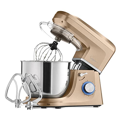 Kapplico 1800W Stand Mixer with Large 7L Stainless Steel Bowl and 3 Attachments - Whisk, Beater and Dough Hook, Splash Guard, 6 Speeds, Non Slip Feet, Gold