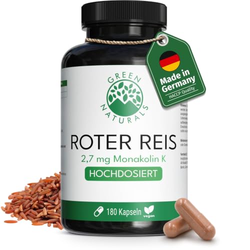Green Naturals Roter Reis Kapseln - Hochdosiert: 2 7 mg Monakolin K pro Kapsel - Fermentierter Roter Reis - Vorrat für 6 Monate (180 vegane Kapseln)