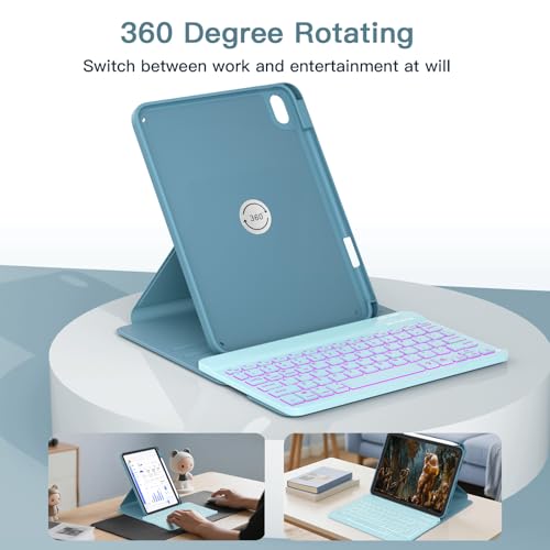 Image of RAYMCRAFT for iPad 11th(A16, 2025) /10th Generation Case with Keyboard, 360 Rotatable Case & Detachable Backlit Keyboard, Precision Cutouts and Pen Holder for iPad A16 11'' /10th 10.9'', Sparkling Blue
