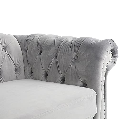 Image of ORRD Chesterfield Sofa Velvet, Modern Tufted Couch 3 Seater with Rolled Arms and Nailhead for Living Room, Bedroom, Office, Apartment (Grey)